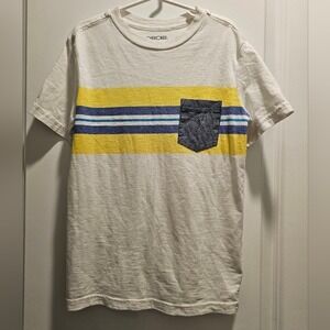 Kid's szS 6/7 Cherokee Boys T-Shirt Pocket‎ White Yellow Blue Striped Casual Tee